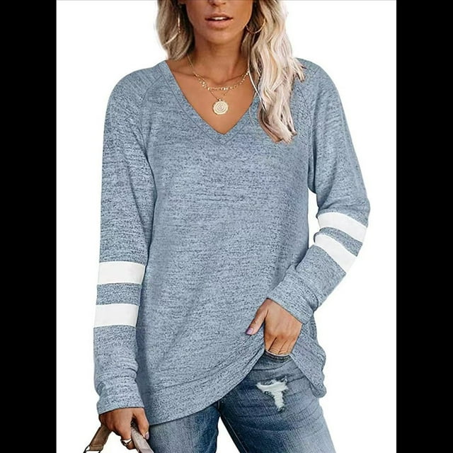Tops para Mujer, Camiseta con Cuello en V, Bloque de Color, Larga, Túnica Informal Azul M