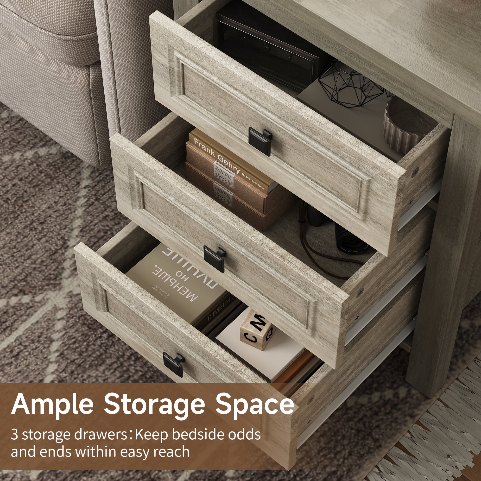 Nightstand Set of 2 Farmhouse Nightstand with 3 Storage Drawer,Bedside Tables with Charging Station,End Table for Bedroom Modern Wood Side Table Living Room,Gray