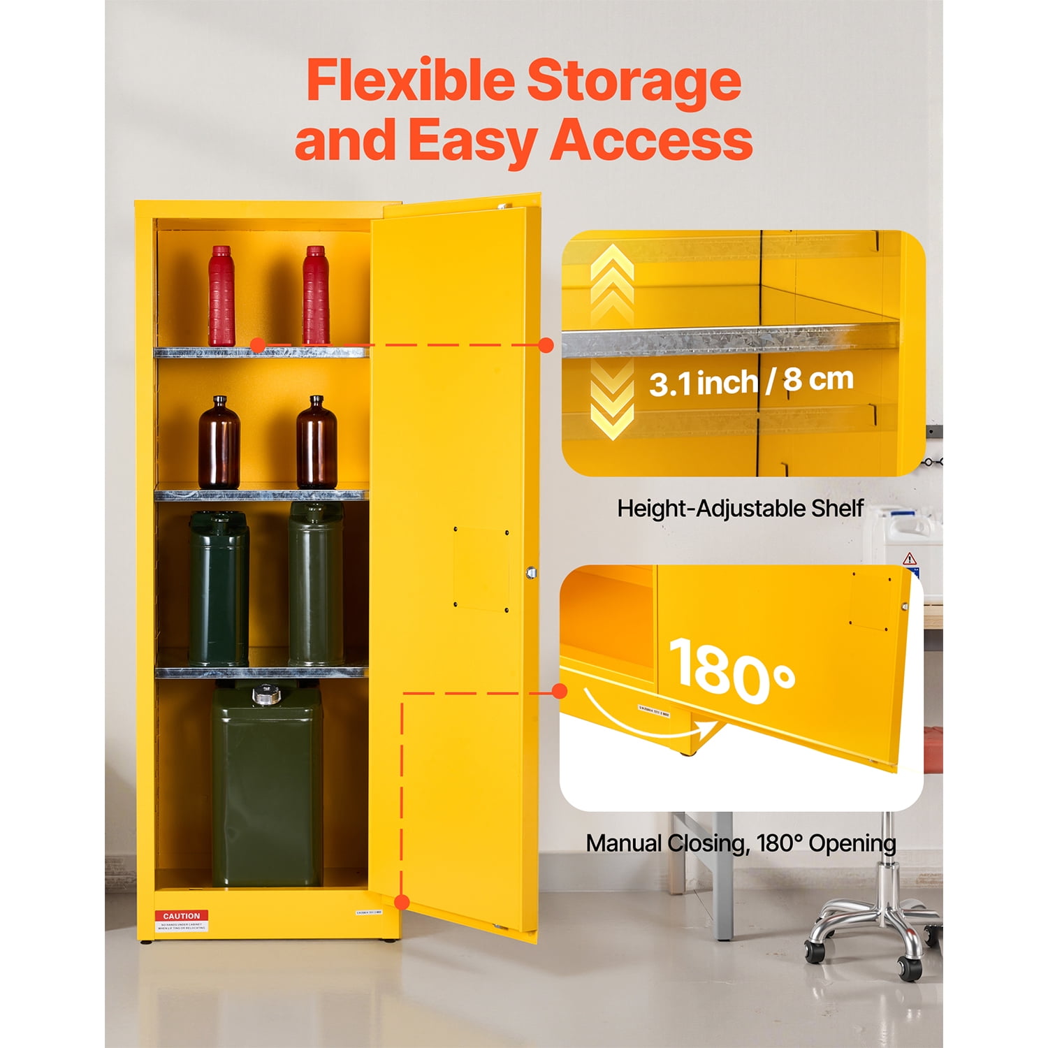 KFFKFF 23 Gallon Flammable Storage Cabinet, 23.2 x 18.1 x 65.0 inch, Adjustable Shelf, Cold-Rolled and Galvanized Steel Construction, Fire-Resistant Cabinet for Industrial and Home Use, Yellow