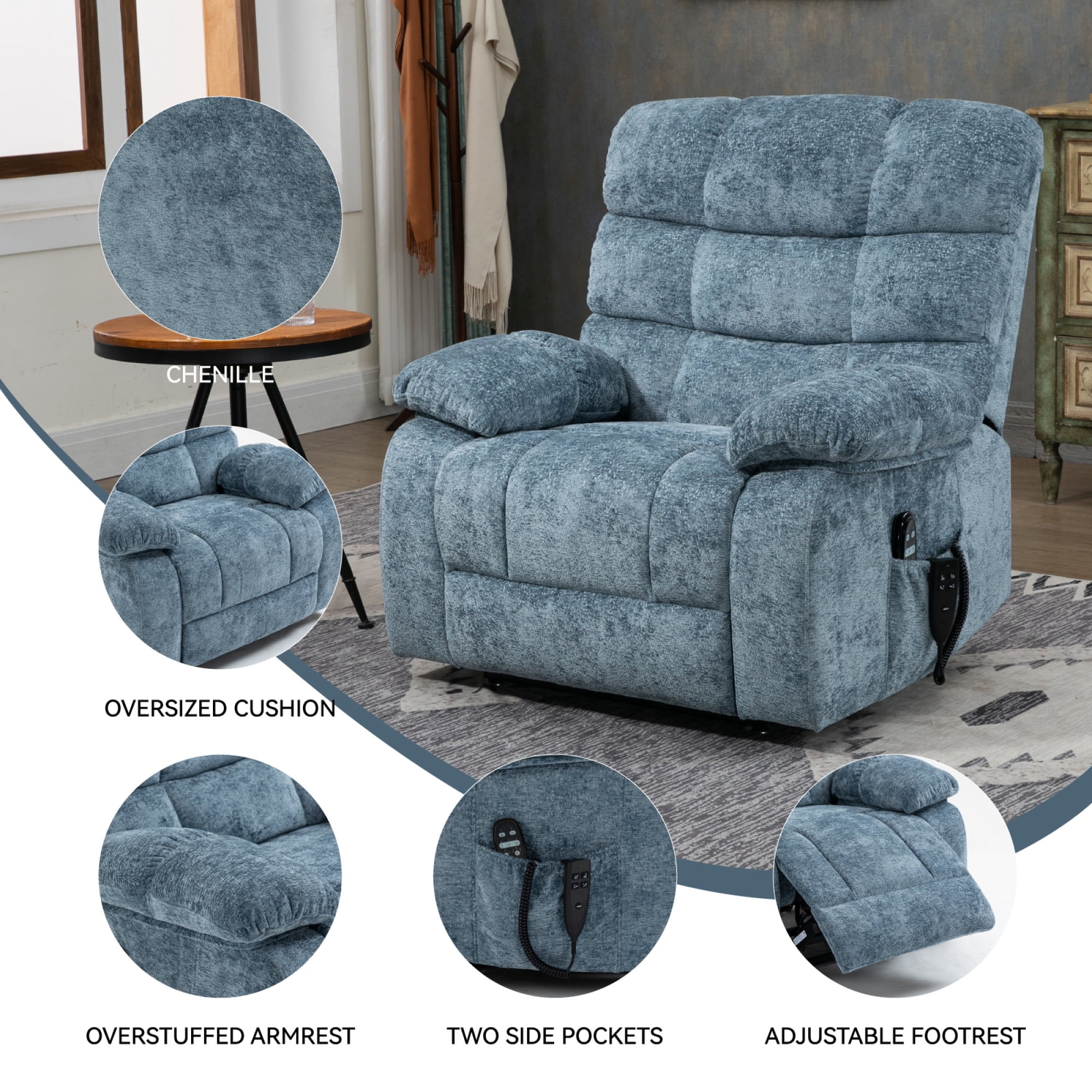 Leumius Large Power Lift Recliner Chair for Elderly,Heavy Duty Chenille Recliners with Massage and Heating for Living Room,Blue