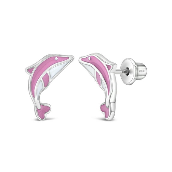 925 Sterling Silver Pink Enamel Leaping Dolphins Screw Back Earrings for Girls