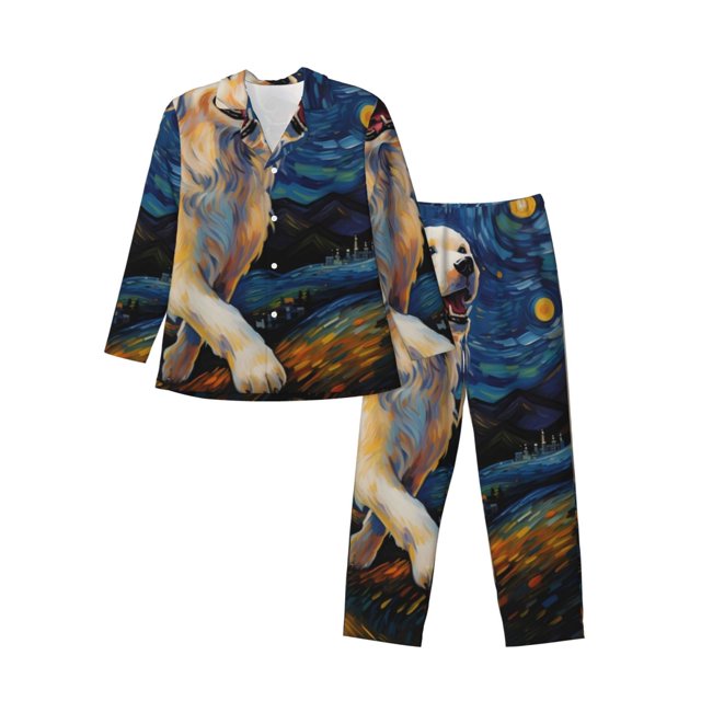Balery Vintage Starry Sky Labrador A Pijama para Hombre de Dos Piezas con Manga Larga, Conjunto de Dormir y Descanso Suave con Bolsillos-Small
