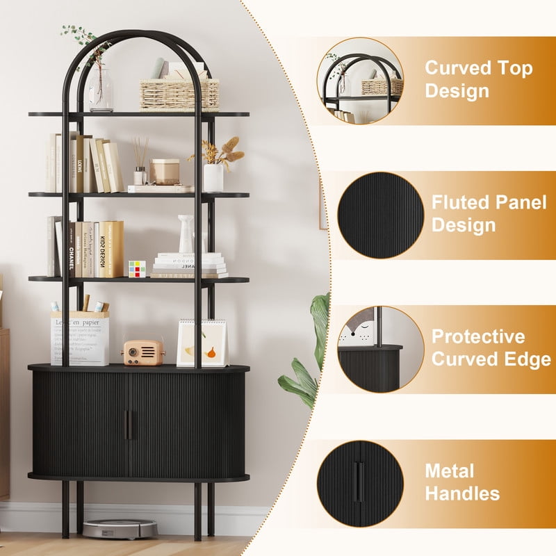 71" Tall Fluted Arched Bookshelf with Sliding Doors, Mid Century Modern Metal Curved Bookshelf Cabinet with Storage and Adjustable Footpad, 4-Tier Open Display Storage Shelf for Home, Living Room