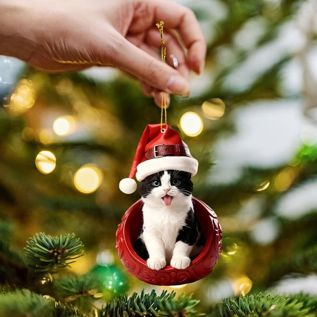 Santa-Hat Cute Cats Series Acrylic Ornaments Festive Felines Hanging Decoration For Christmas Trees