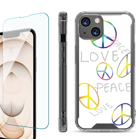 Shockproof Bumper Phone Case for iPhone 13, with Tempered Glass Screen Protector, by OneToughShield ® - Love/Peace