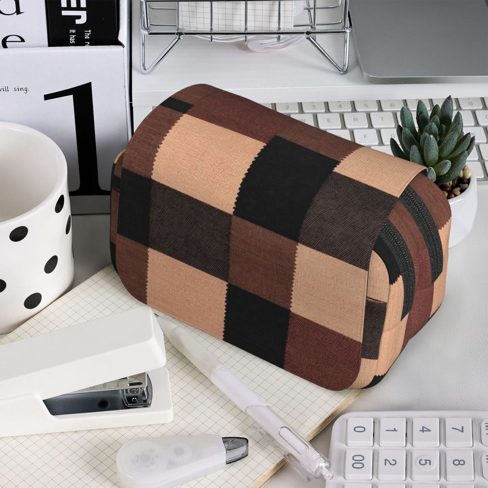 Large-Capacity Flip-Top Double-Layer Pencil Case, Multi-Functional Pocket Pen Case, Durable Stationery Organizer Rosybrown Buffalo Plaid Check Tartan Scotland_4