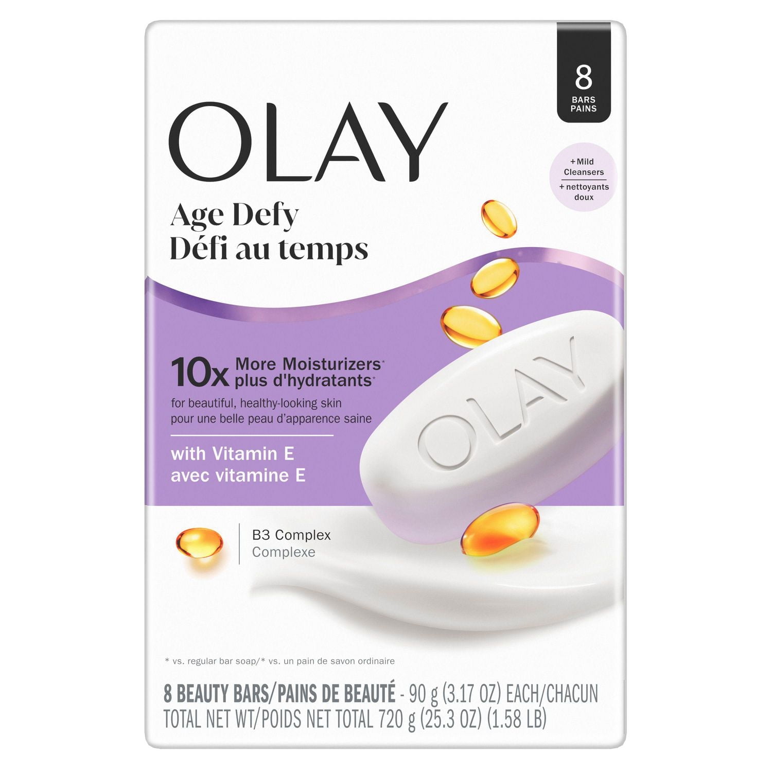 Pain de savon Olay Défi au temps avec complexe de vitamine B3 et de vitamine E, pains de beauté de 720G