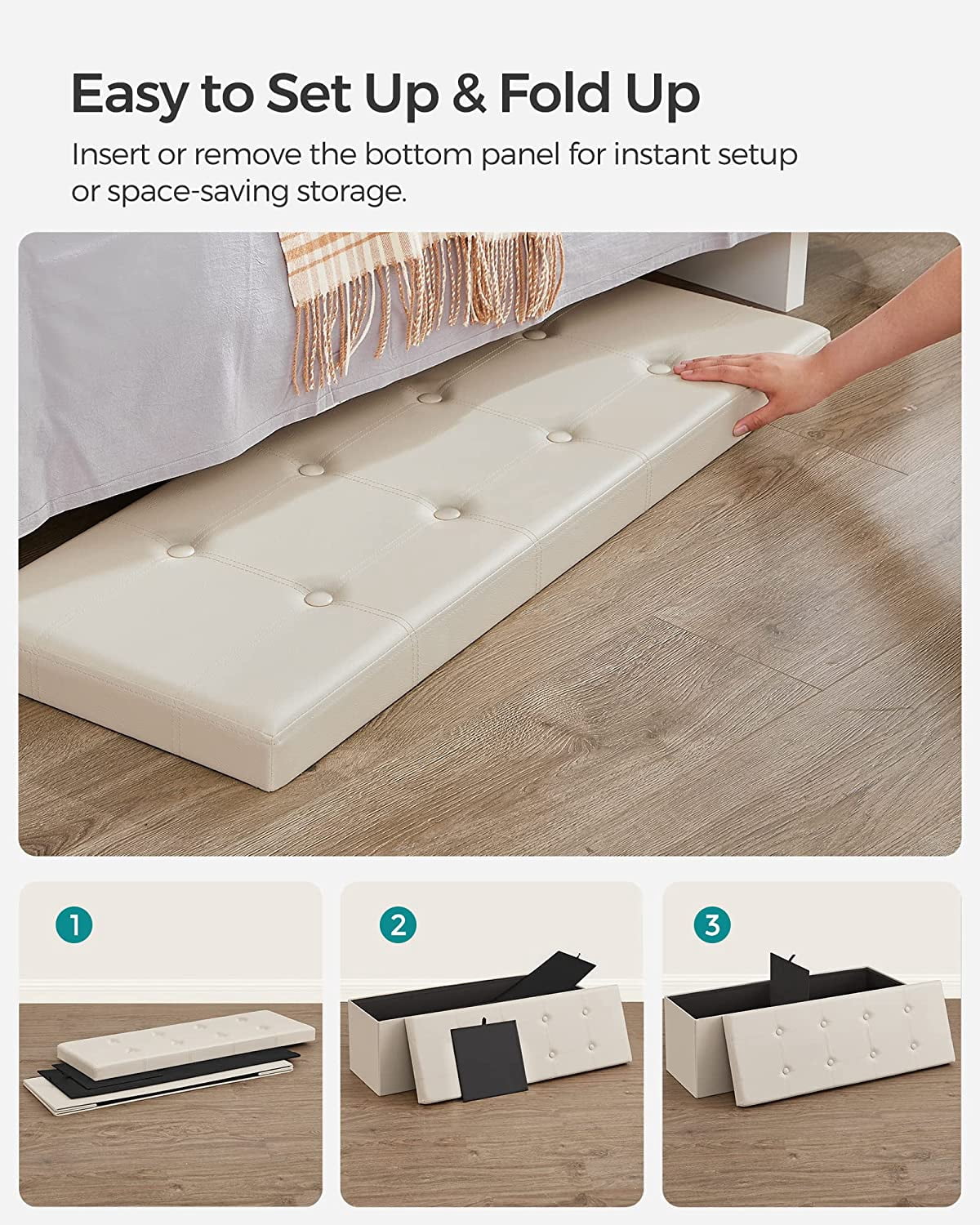 SONGMICS 43" Storage Ottoman Bench Leather Ottoman with Storage Hold up to 660lb Footstools for Bedroom Beige