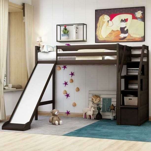 Modern Twin Size Loft Bed with Storage and Slide, Solid Wood Bunk Beds