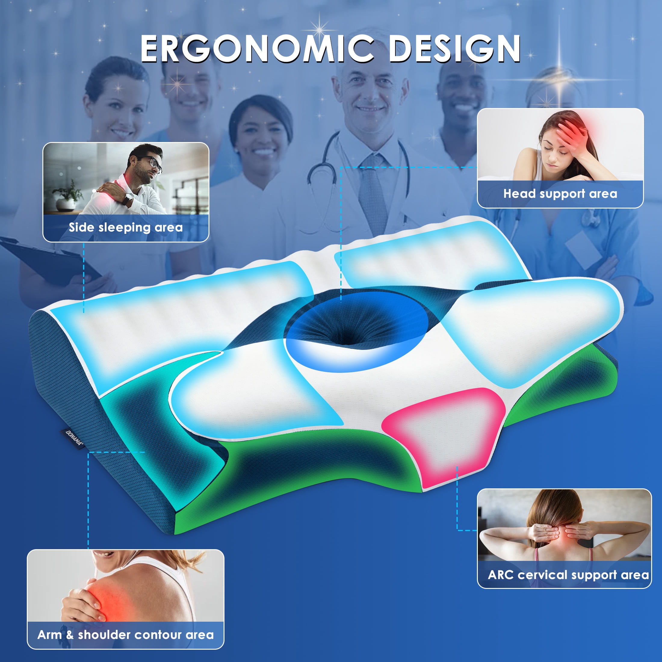 Ergonomic Cervical Memory Foam Pillow for Neck Pain Relief, Orthopedic Contour Pillow with Breathable Cover, for Side, Back, and Stomach Sleepers, Queen Size 23.6"x14.2"x4.7", Blue