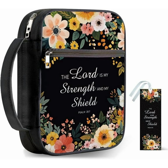 1pc Bible Covers with Handle 12x8.7 inch Flower Large Zippered Carrying Book Case Black Bible Protective with Pocket and Bookmarks for DIY Making