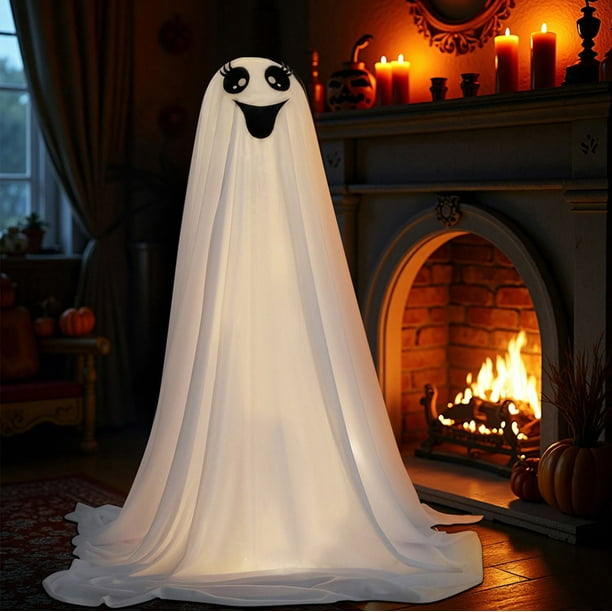 Decoraciones de fantasmas de Halloween | Fantasmas de tela LED que funcionan con baterías | Altura ajustable 1.3ft–6.5ft | Patio de porche interior y exterior | Juego colgante luminoso | Fácil