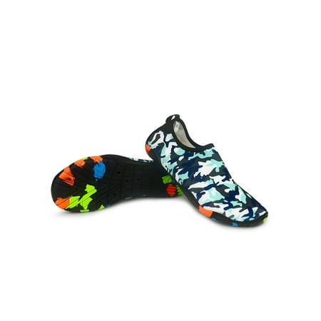 

SIMANLAN Womens Mens Water Shoes Color Block Barefoot Quick Dry Beach Shoe Surf Lightweight Flats Outdoor Slip On Aqua Socks Blue Camouflage 10.5