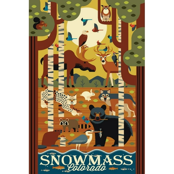 Snowmass, Colorado, Forest Animals, Geometric (36x54 Giclee Gallery Art Print, Vivid Textured Wall Decor)