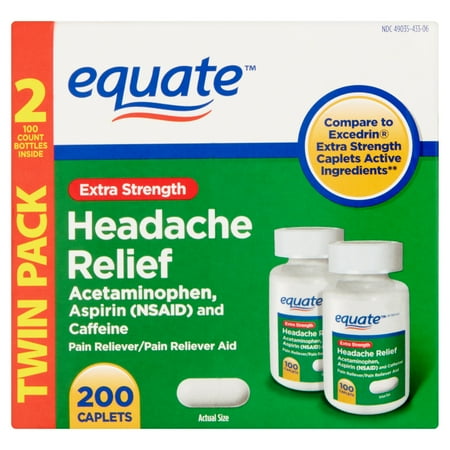 equate Force supplémentaire Maux de tête Soulagement de la douleur nombre releveur, 100, (pack de 2)