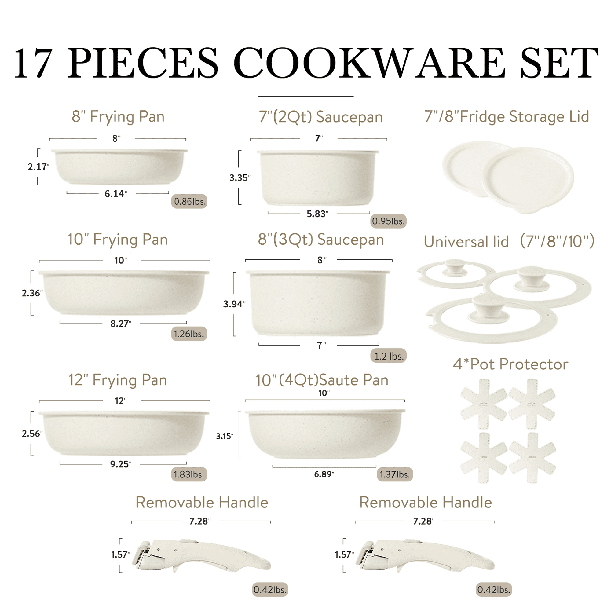 Carote 16 Pcs Nonstick Cookware Set, Pots and Pans Set with Detachable Handles, Oven/Dishwasher Safe, Stackable Kitchen Cooking Set, White Granite