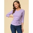 thumbnail image 3 of INSPIRE CHIC Women's Button Decor V Neck 3/4 Sleeve Solid Blouse Knitted Ruched Top, 3 of 6