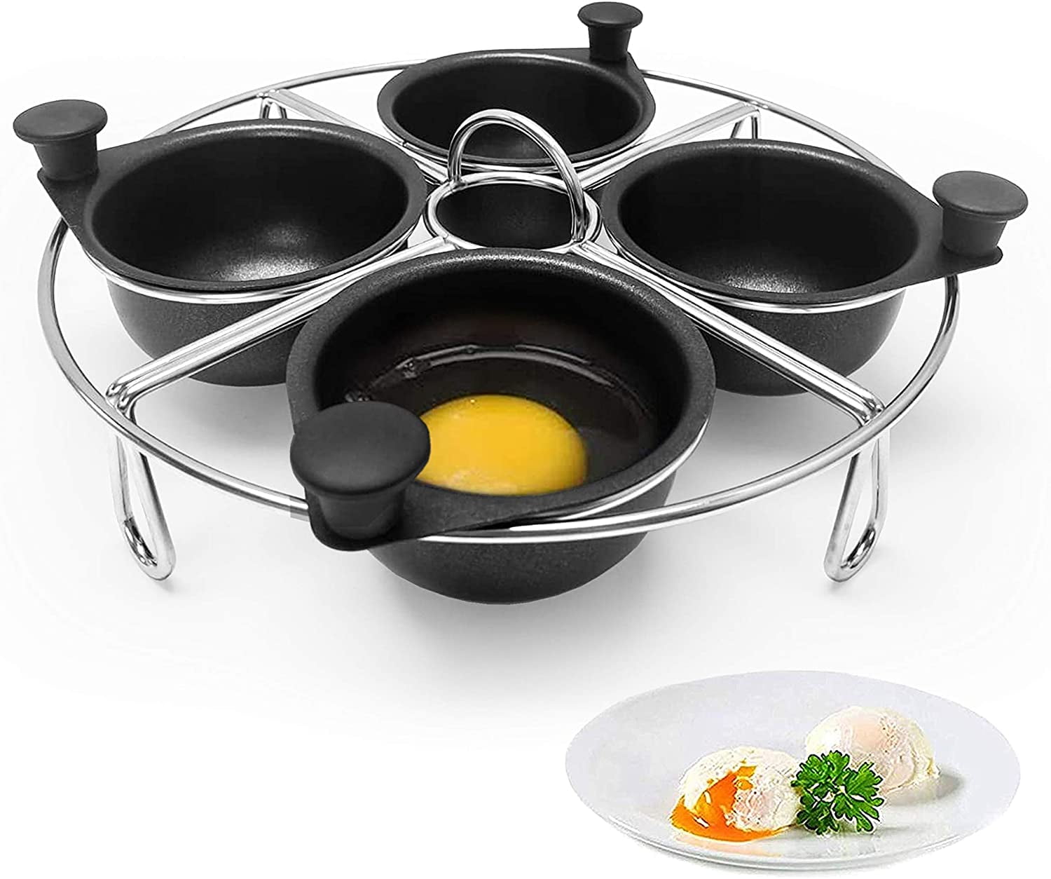 Stainless Steel 4Cup Egg Poacher Tray with Silicone Mitt