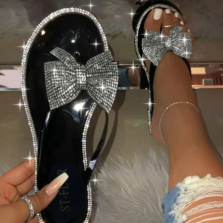 

Christmas Women s Clip Toe Sandals Fashion Summer Sandals Shiny With Diamond Bow Gold Women s Sandals