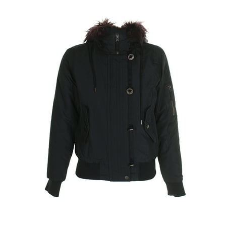 American Rag Juniors Black Burgundy Faux-Fur-Trim Rib Hem Puffer Bomber Jacket S