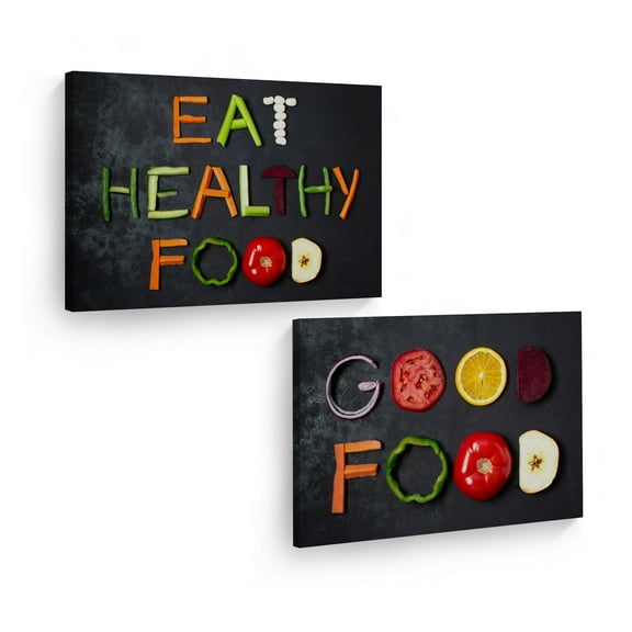 Smile Art Design Eat Healthy Food Good Food Quote Vegetable Lettering 2 Piece Kitchen Canvas Wall Art Print Set Restaurant Cafe Dining Room Decor Modern Housewarming Gift (30x40)x2