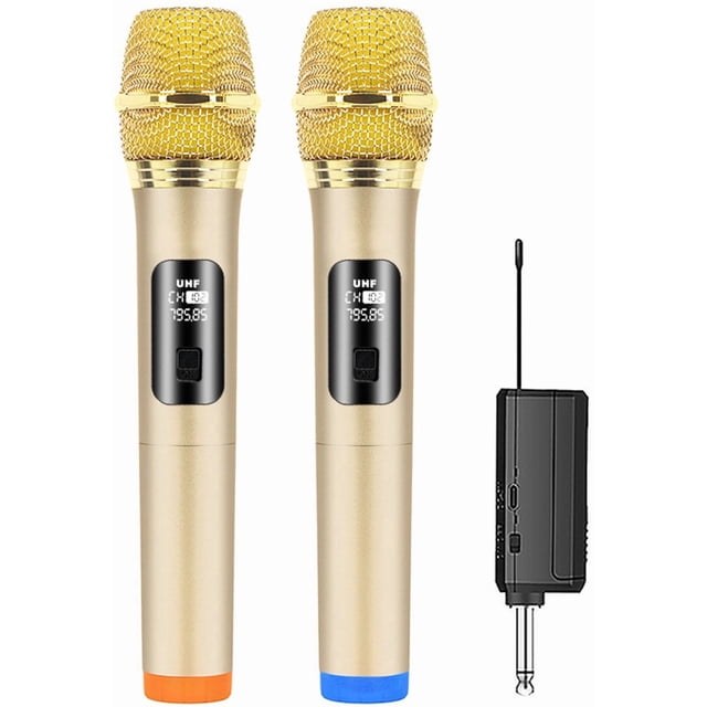 microphone Sans Fil, microphones Dynamiques Numériques Doubles, Récepteur rechargeable, Prêt à l'Emploi, Convient au Chant, au Karaoké, aux Fêtes, aux Réunions, aux Églises, aux Mariages, au DJing et aux Rassemblements (Or).