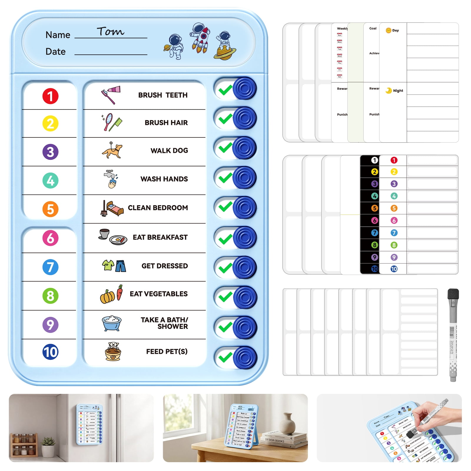 Owlprince Magnetic Chore Chart, Dry Erase Planner Board for Refrigerators, ADHD Cleaning Planner, Checklist to Do List for Home Office, Blue