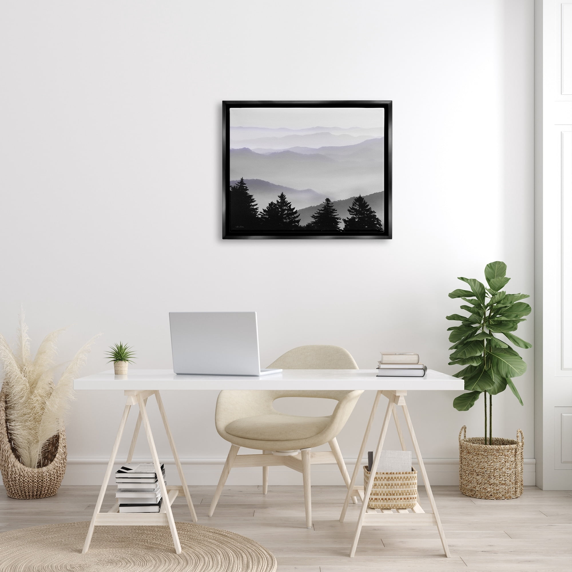 Stupell Industries Pine Trees Silhouettes Foggy Mountain Range Peaks Photograph Jet Black Floating Framed Canvas Print Wall Art, Design by Lori Deiter