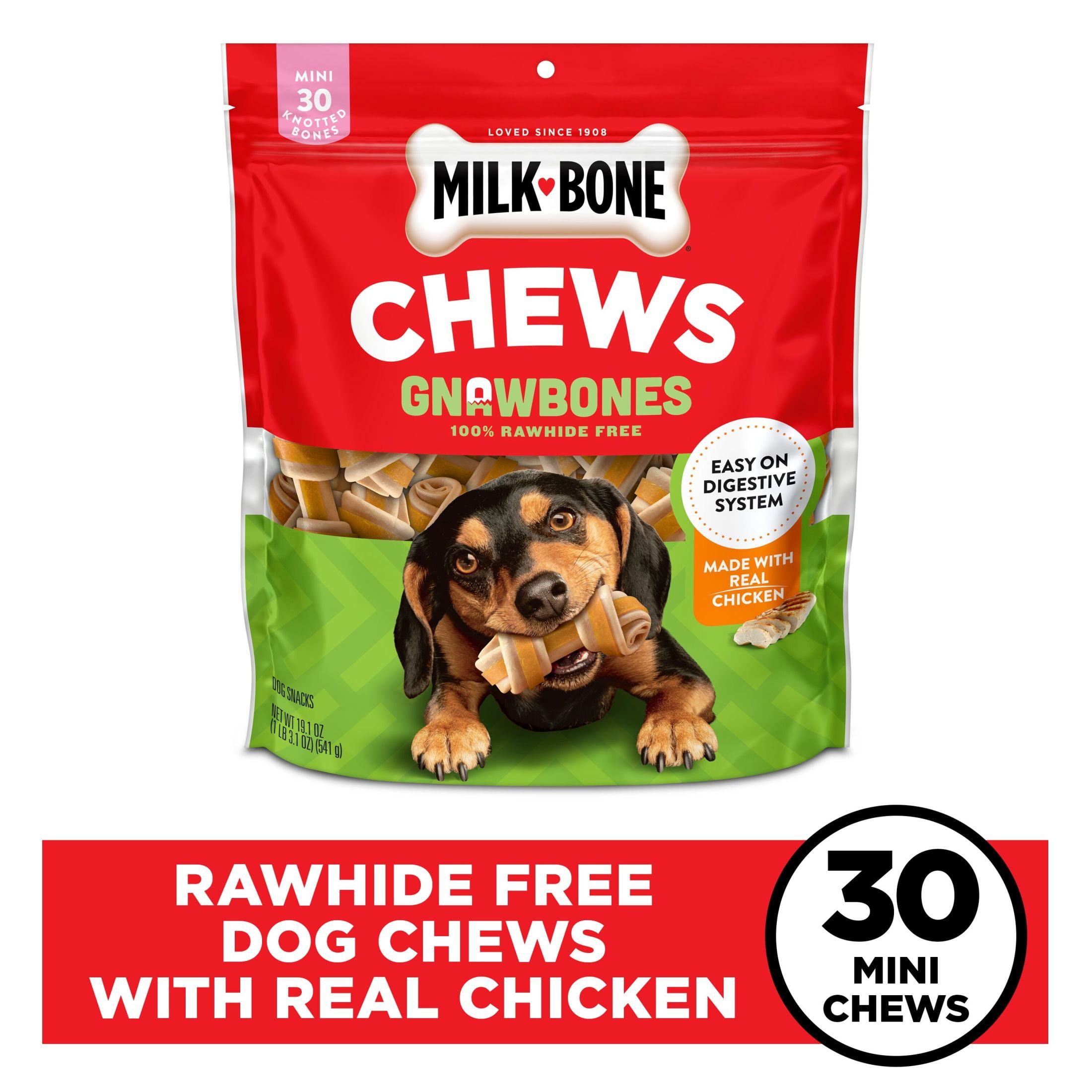 Milk Bone GnawBones Rawhide Free Dog Chews With Real Chicken, Long Lasting Mini Dog Treats, Bag of 30