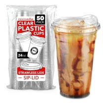 24 oz Clear Plastic Cups with Lids Disposable, Togo Drinking Cup with Strawless Sip Lid for Smoothie, Cold Brew Iced Coffee, Lemonade, Ice Latte, Boba, Party Drinks, Bulk, 24 Ounce (Set of 50)