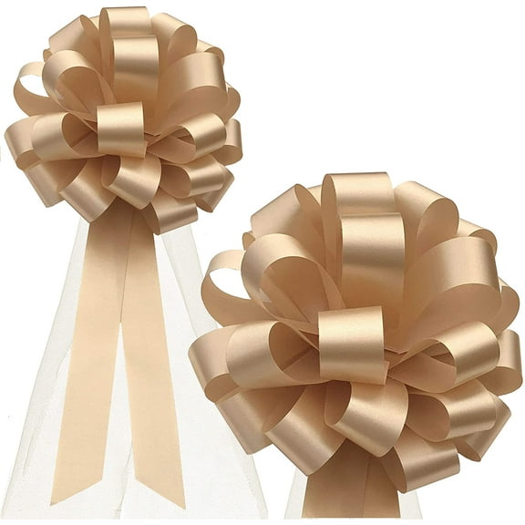Beige Wedding Pull Bows with Ivory Tulle Tails - 8" Wide, Set of 6, Birthday, Christmas, Anniversary, New Year, Mother's Day, Reception, Graduation