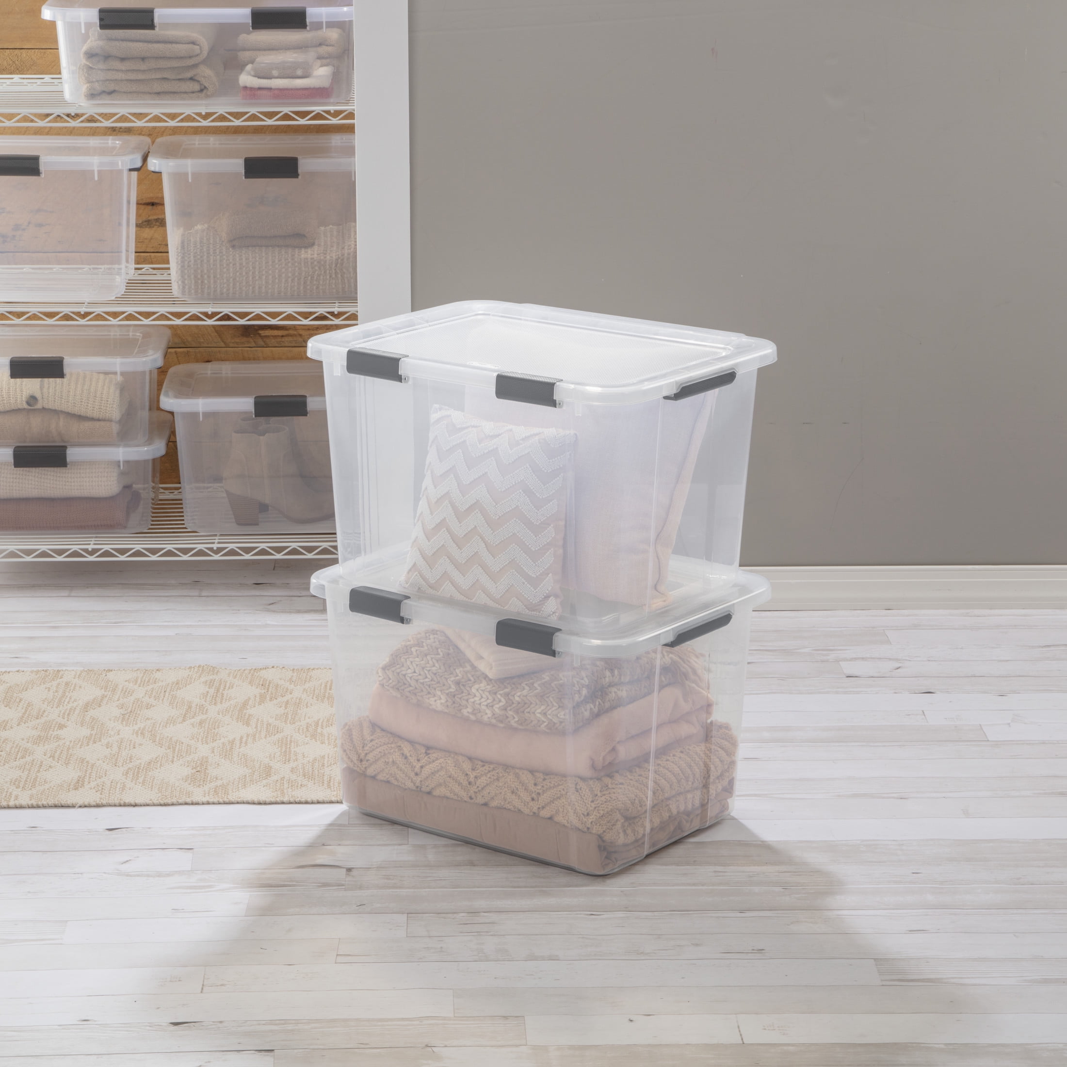 Sterilite 80 Quart HingeLID Clear Storage Bin with Latch Lid and Comfort Grip, Dark Gray, 4 Pack