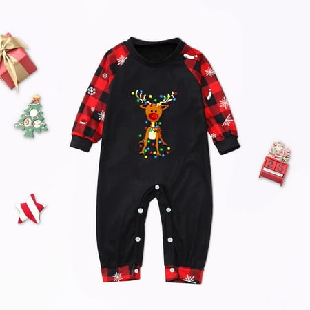 

Hesxuno Baby Attire Christmas Suits Patchwork Plaid Printed Homewear Round Neck Long Sleeve Pajamas One-Piece Suit