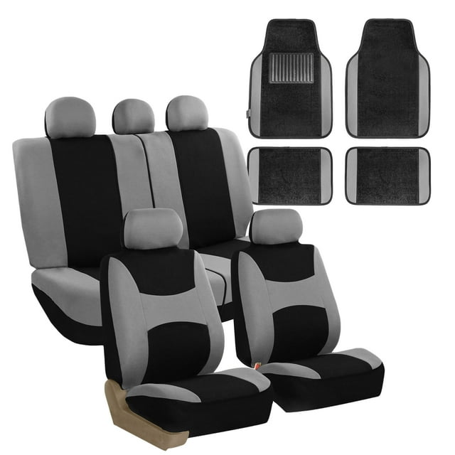 FH Group Car Seat Covers Light & Breezy Flat Cloth, Full Set w/ Carpet Floor Mats With Colored Trim