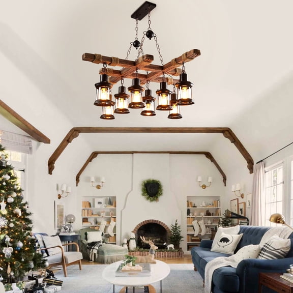 DENEST 8 Lights Rustic Country Chandelier Wood Fixture Pendant Industrial Cafe Bar 110V