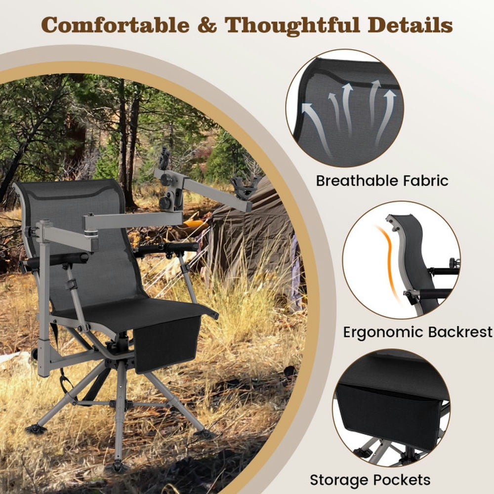 Kadyn 360° Swivel Portable Hunting Chair with Adjustable Legs and Armrests-Black