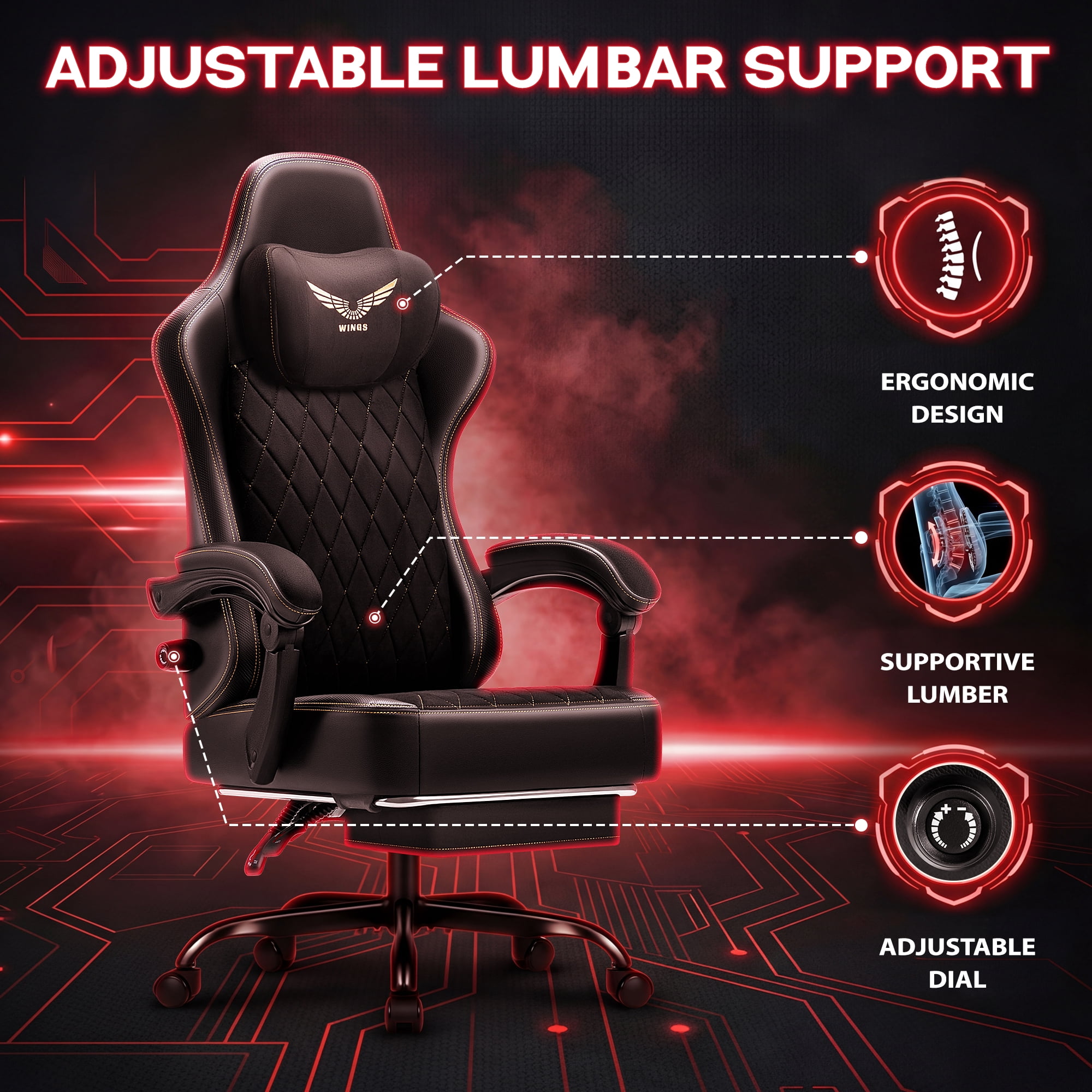 Homall Adjustable Lumber Support Gaming Chair Ergonomic Reclining Computer Office Chair Video Game Chair with Footrest for Adults, Black