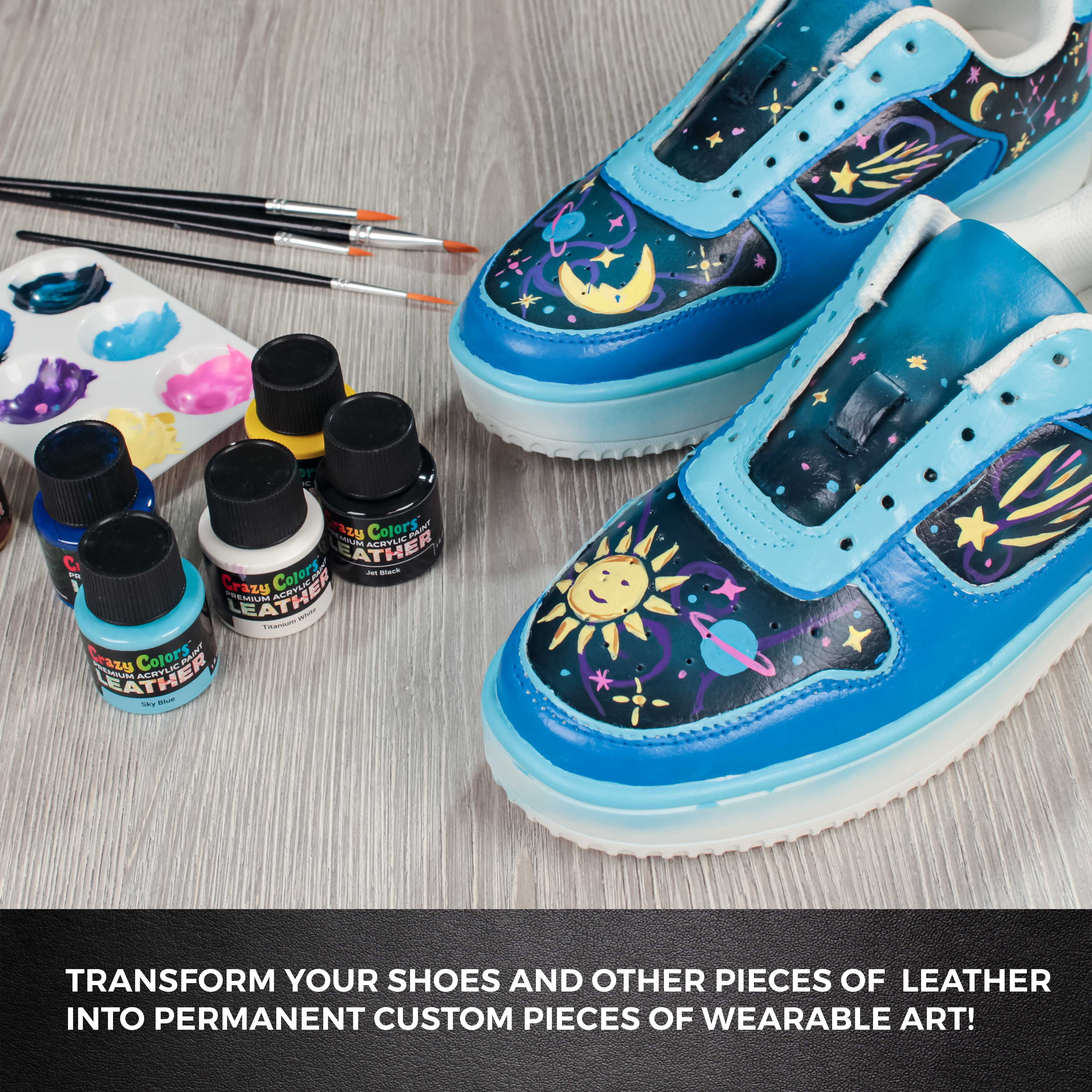 Crazy Colors Premium Acrylic Leather and Shoe Paint Kit, 29 Colors, Deglazer, 4-Piece Brush Set - 1 oz Bottles, Opaque, Metallic, Neon - Flexible, Scratch Resistant - Sneakers, Jackets, Bags Purses
