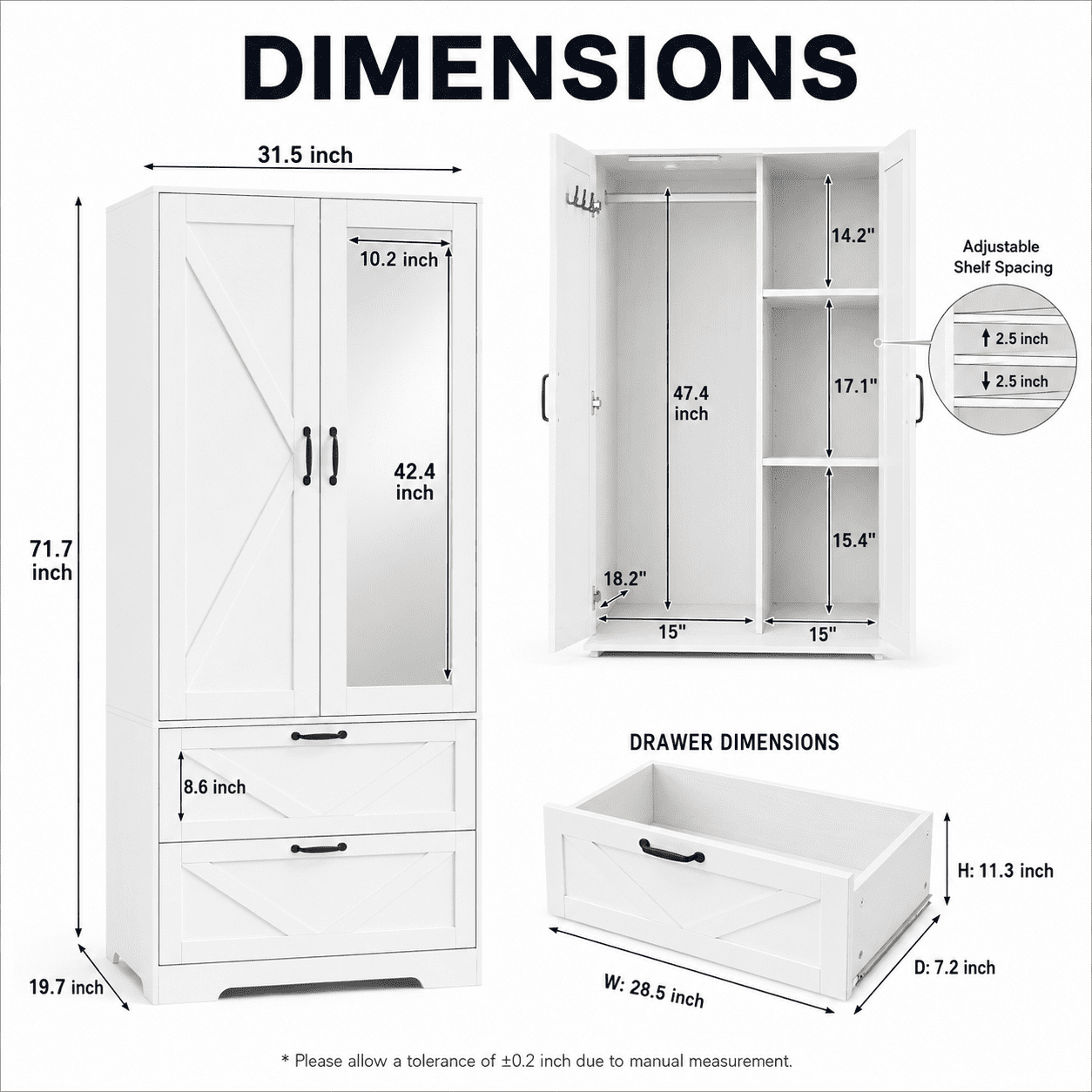 Aukfa 2-Door Wardrobe Armoire with Mirror & Built-In Induction Light, Bedroom Wood Closet with Hanging Rod & 2 Drawers,White