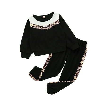 

NZRVAWS 4T Toddler Baby Girls Outfits Splice Leopard Print Long Sleeve Round Neck Top +Pants 2Pcs Clothes Set 4-5T Black
