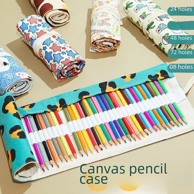 Cortina de lona con 72 agujeros para lápices, gran capacidad, bonito dibujo de gato, para hombres y mujeres, bolsa para lápices, lona, bocetos, pintura con plomo, bolsa de papelería
