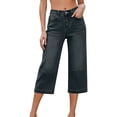 thumbnail image 2 of Capri Jeans for Women Elastic High Waist Relaxed Fit Washed Blue Wide Straight Leg Denim Capris with Pockets Cropped Jeans, 2 of 8