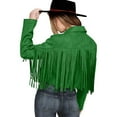 thumbnail image 4 of HANXIULIN Ladies Fashion Solid Color Fringe Faux-Leather Jacket Fashion Fringe Motorcycle Cropped Jacket Green L, 4 of 9
