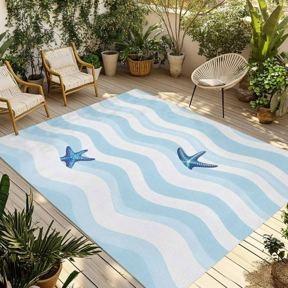 Fsddascl Blue White Striped Outdoor Rug for Patio/Deck/Porch, Non-Slip Large Area Rug 6 x 9 Ft, Starfish Coastal Waves Indoor Outdoor Rugs Washable Area Rugs, Reversible Camping Rug Carpet Runner