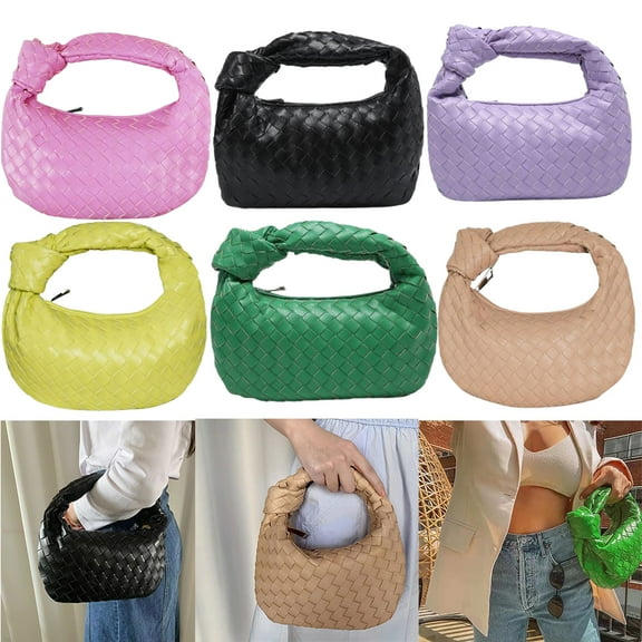Women Soft PU Leather Woven Handbag Summer Handmade Hobo Shoulder Bag Woven Clutch Bag Knotted Casual Dumpling Pouch/Black