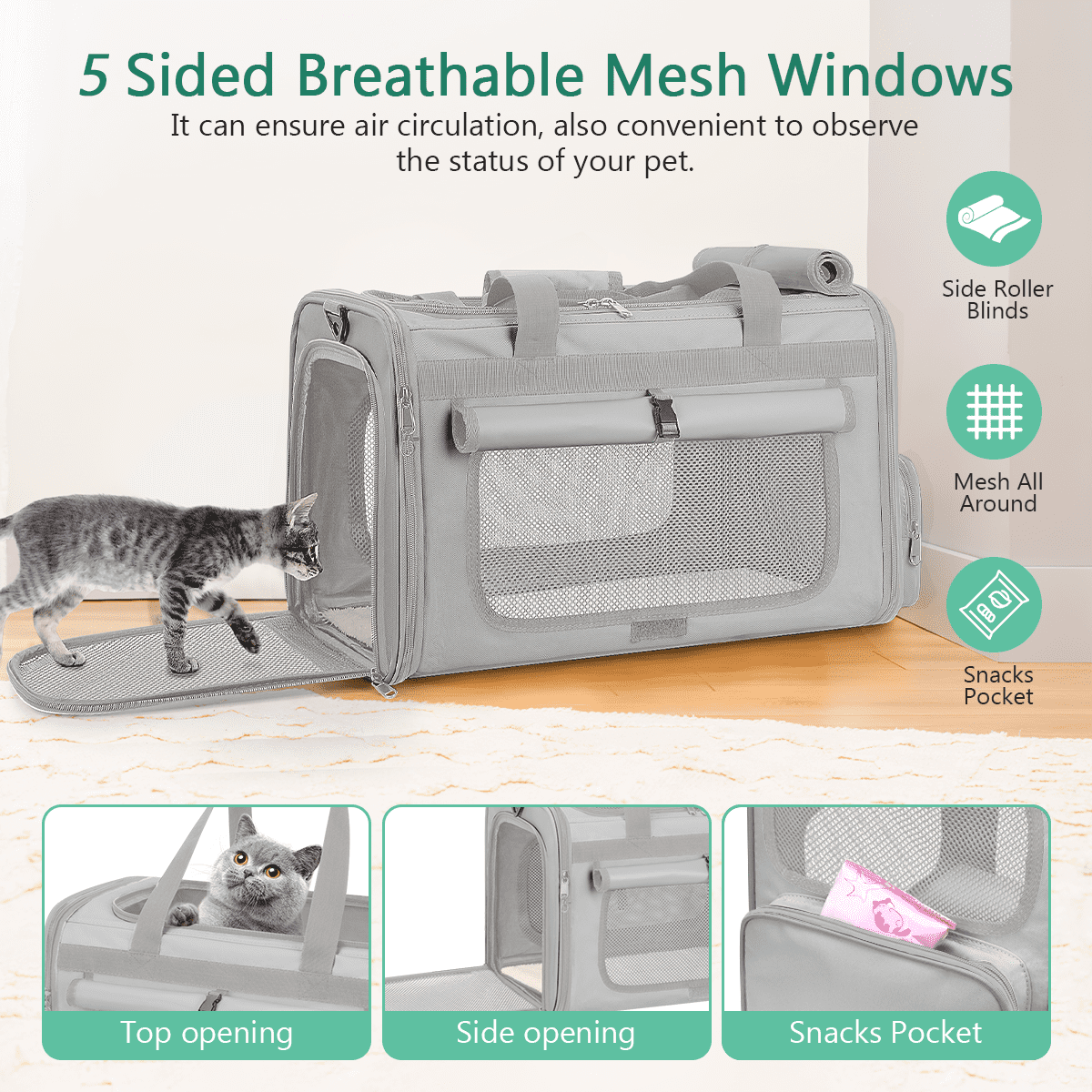 CshidWorld Collapsible Cat Carrier Pet Carrier for Large Cats (up to 25lbs), TSA Airline Approved Cats Carrier Soft Sided, Small Dog Travel Bag with a Bowl/Safety Leash-Gray