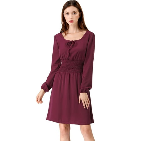 A-line Square Neck - Unique Bargains Women's A-line Swing Smock Square Neck Dress Maroon (Size M / 10)