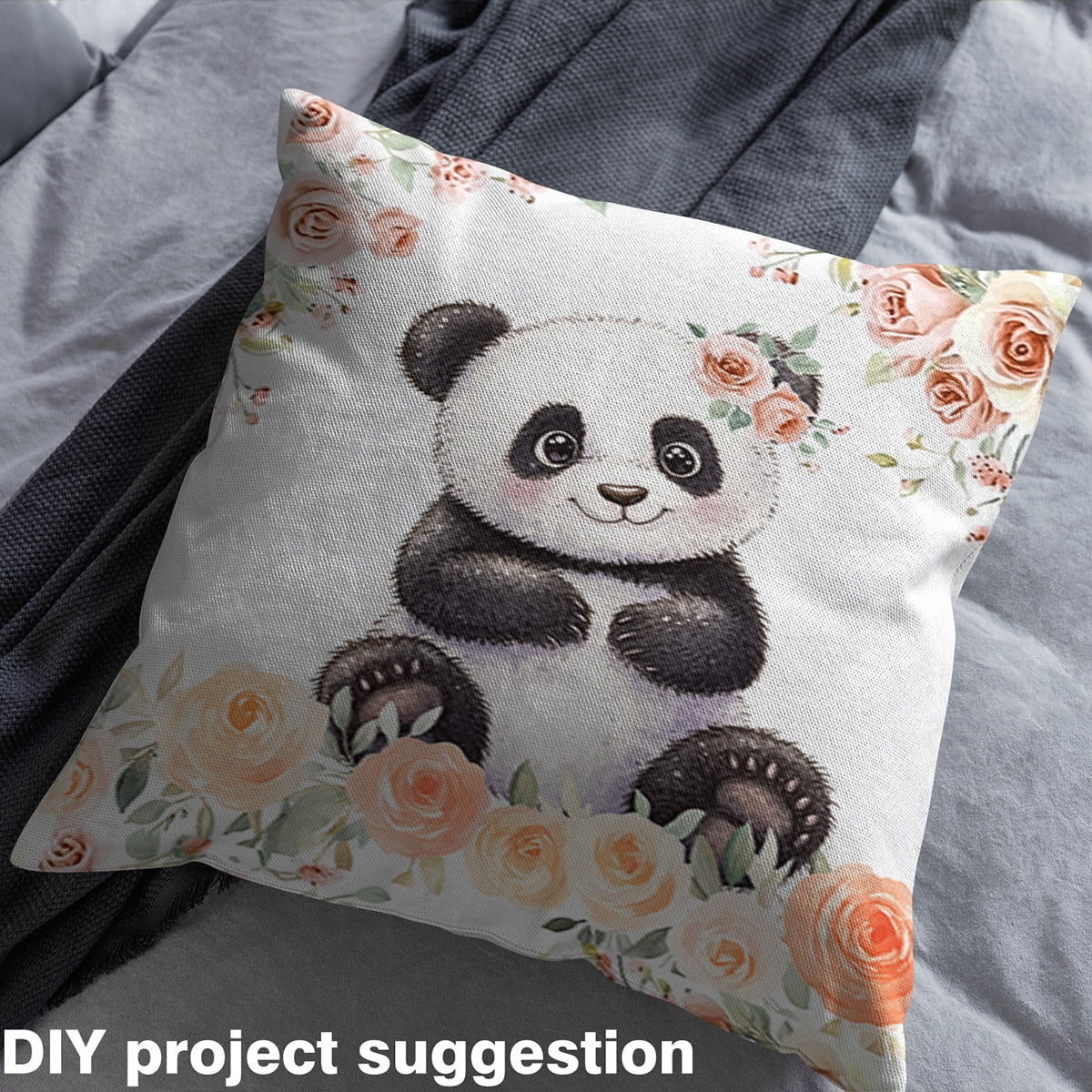 Feelyou Teens Panda Fabric by the Yard 2 Yards, Farmhouse Rose Flower Sewing Fabric, Woodland Wildlife Home Decor Fabric by the Yard, Microfiber Bedroom Decor