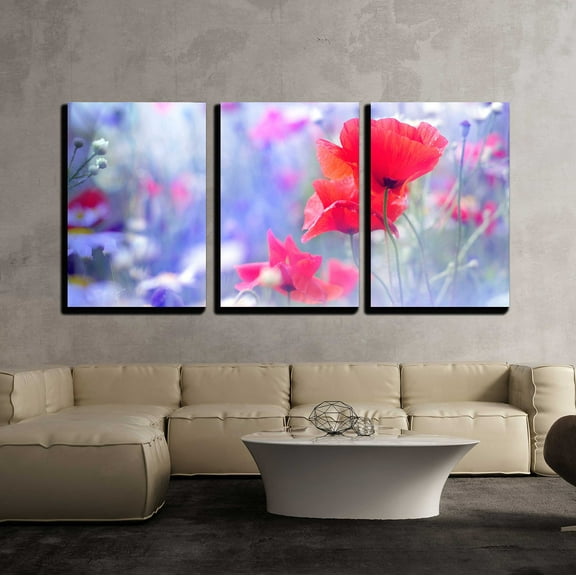 wall26 - 3 Piece Canvas Wall Art - Field of Bright Red Poppy Flowers in Summer - Modern Home Art Stretched and Framed Ready to Hang - 16"x24"x3 Panels