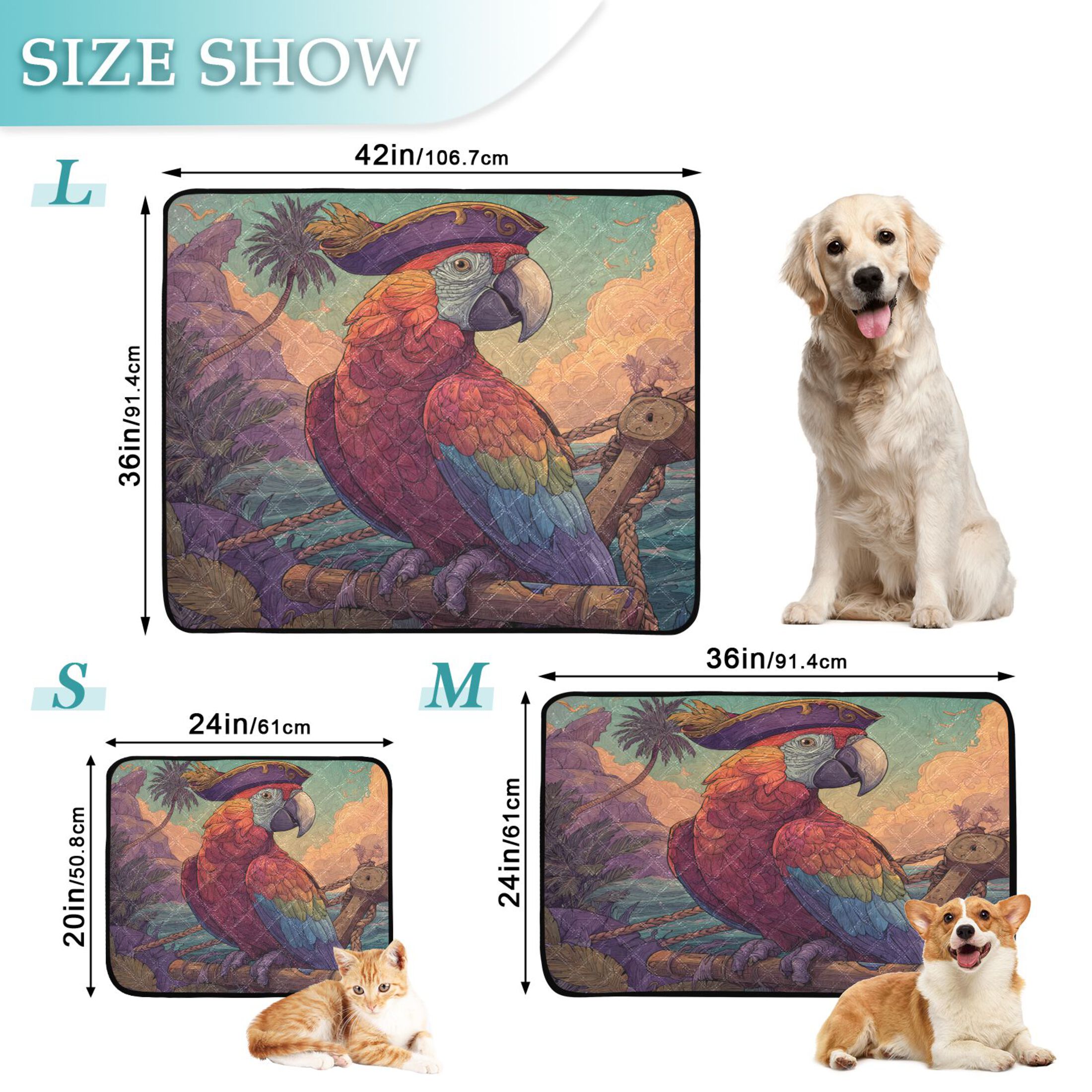 Qxltty Pirate Parrot Cat litter Pads Pet Set of 3 Diaper Mats Center Anti-leakage Layer Absorbent Soft and Comfortable